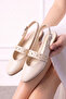 Bilbao Beige Wrinkled Patent Leather Gold Buckle Trok Detailed Open Back Ballerinas