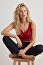 Women's Red Ribbed V-Neck Button Detailed Stretchy Crop Top / Bustier - 3