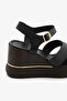 Black Genuine Leather Wedge Heeled Cross-Strapped Women's Sandals - 7