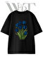 Blue Tulips Design Printed Unisex Black Oversize T-Shirt