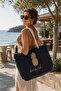 Women's Black Beach Bag with Rope Handle Large Size Canvas Beach Tote Bag - 4