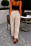 Women's Beige Linen Fabric High Waist Folded-Cuff Casual Pants (No Show) - 5
