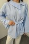 Women's Belted Oversize Shirt with Wide Collar and Lace Cuff Detail, Long Sleeve Stylish Tunic Shirt - 4