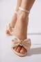 Kules Front Bow Buckle Single Strap Women's Heeled Sandals Shoes Beige Satin - 4