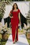 Women's Short Sleeve Square Collar Dress with Glitter Detail and Back Lacing Slit Long Imported Crepe Dress - 2