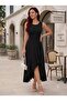 Women's round neck ruffle front asymmetrical detail midi janjan crepe dress - 3