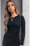 Women's long sleeve crew neck smocked front ribbed knit dress - 2
