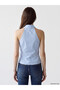 Blue Shirt Collar Halter Cut 100% Cotton Blouse - 5