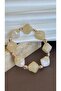 Pearlescent Beige Cube Beaded Acrylic Rubber Bracelet with Gold Detail - 2