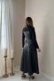 Women's Black Heart Collar Faux Leather Detailed Long Sleeve Flared Midi Dress - 5