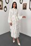 Women's White Long Dress with Stand Collar, Buttoned Belt, Flounces and Floral Texture