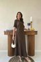 Women's Brown Crew Neck Short Sleeve Pleated Long A-Line Cotton Dress - 2