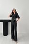Women's Black Jacket-Pants Set Buckle Jacket Pants Set Short Sleeve Jacket Lapel Wide Leg Woven - 2