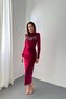 Women's Burgundy Dress Velvet Stone Tassel Detailed High Neck Long Sleeve Midi Bodycon