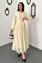 Women's Yellow Long Sleeve Lace Cuff Belted A-Line Maxi Dress - 2