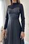 Women's Black Heart Collar Faux Leather Detailed Long Sleeve Flared Midi Dress - 4