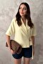 Women's Yellow Short Sleeve Buckle Belted Jacket Lapel Lined Woven Jacket - 2
