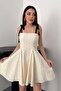 Women's Beige Mini Dress Square Neckline Shoulder Lace-Up Flared Skirt Textured Cotton - 3
