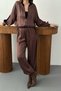 Women's Brown Satin Tracksuit Set with Velvet Stripes, Zipper, High Collar and Elastic Cuffs - 5