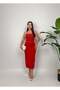 Women's White - White Slim-Fit Midi Dress with Thin Straps and Stone Accessories, Heart Collar - 3