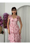 Women's Pink Floral Patterned Shoulder Tie Layered Chiffon Long Dress