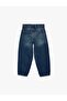 Cotton Stitched Detail Pocketed Balloon Cut Denim Trousers for Girls - Medium Indigo - 2