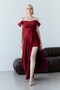 Burgundy Boat Neck Draped Slit Long Evening Dress - 3