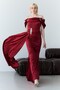 Burgundy Boat Neck Stone Embroidered Drapeli Long Evening Dress - 3
