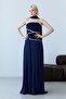 Navy Blue Strapless Crystal Stone Embroidered Draped Shawl Detailed Long Evening Dress - 2