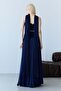 Navy Blue Strapless Crystal Stone Embroidered Draped Shawl Detailed Long Evening Dress - 7