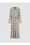 Ecru Shirt Collar Plaid Belted Dress - 5