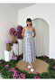 Women's Blue Midi Dress with Square Collar, Floral Pattern, Straps and Gathered Waist - 4