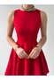 Women's Red Mini Dress with Crew Neck, Sleeveless, Pockets, Flared Skirt, Stylish Design - 5