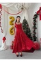 Women's Red Sequined Square Neck Strap Midi Length Flared Cut Event Dress - 4