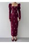 Women's Burgundy Stone Detailed Square Neck Balloon Shoulder Long Sleeve Midi Dress - 7