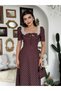 Women's Coffee Polka Dot Bow Detailed Lace Square Neck Balloon Sleeve Midi Dress - 4