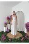 Women's White Midi Dress with Thin Straps, Square Neck, Floral Pattern, Gathered - 4