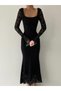 Women's Black Midi Dress Square Neck Long Lace Sleeves Draped Evening Dress - 2