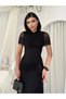 Women's Black Midi Dress with Draped Gathered Tulle Detail and Short Sleeves for Special Occasions