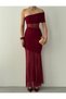 Women's Burgundy Tulle Dress Strapless Neckline Gathered Transparent Detailed Long Evening Dress - 2