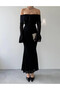 Women's Black Off Shoulder Lace Embroidered Long Sleeve Midi Dress - 2