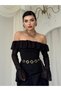 Women's Black Midi Dress Strapless Collar Flounce Chiffon Sleeves Lace Detail - 3