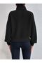 Women's Black High-Neck Oversize Knitwear Sweater Ribbed Flowy Soft Textured Cotton Turtleneck - 6