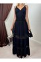 Women's Black Maxi Strappy V-Neck Lace Detailed Layered Long Dress - 2