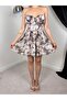 Women's Coffee Strapless Floral Patterned Ruched Gathered Flared Mini Dress - 4