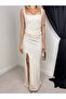 Women's Beige Dress Square Neck Lace-Up Bodice Draped Slit Strappy Maxi Evening Dress - 2