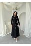 Women's Black Button Detailed V-Neck Long Sleeve Chanel Textured Midi Dress