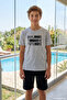 Young Boy's Black Lettering Detail Short Sleeve Shorts Pajama Set 4351 Gray - 2
