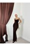Women's Coffee Color Slim Strap Heart Neckline Drawstring Detailed Bodycon Maxi Dress