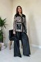 Women's Black Top and Bottom Set with Leopard Pattern Leather Trim and Belted Shirt and Pants - 2